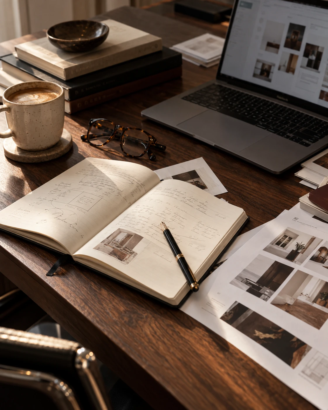 Strategy notebook, MacBook, printed research, coffee, and reading glasses on a dark wood desk